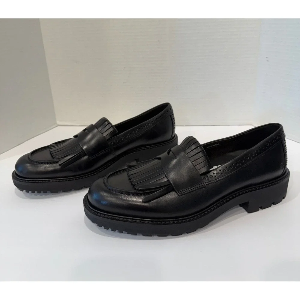 ECCO New Preppy Black Leather Lug Sole Kiltie Penny Loafer Slip On Shoes 10